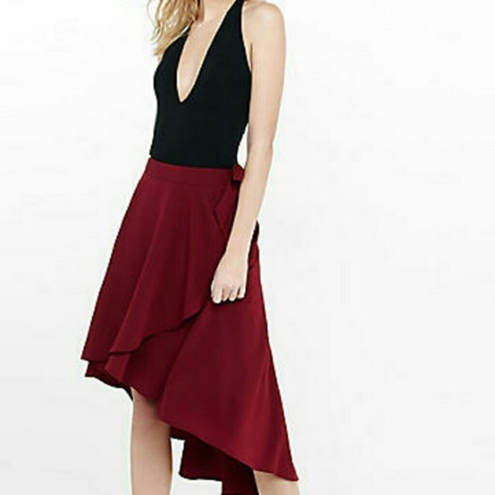 •EXPRESS• Burgundy Hi Lo Faux Wrap Midi Skirt